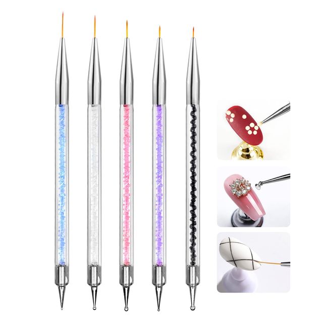 5pcs Thin Nail Art Liner Brushes French Tip Brush Manicure Drill Drawing Nails Brush Pen Double Ended Dotting Tools Set Nail Dotting Pull Line Painting Drawing Pens For DIY Nail Art Designs