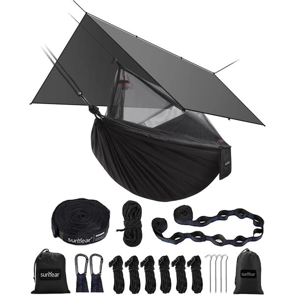 Hammock Camping with Rain Fly Tarp and Net, Portable Camping Hammock Double Tree