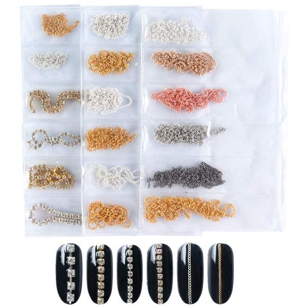 Yuzhiye Nail Parts Chain 3 Pack Set 18 Different Nail Art Parts Gold Silver Pink Gold Rhinestone Gel Nail Design