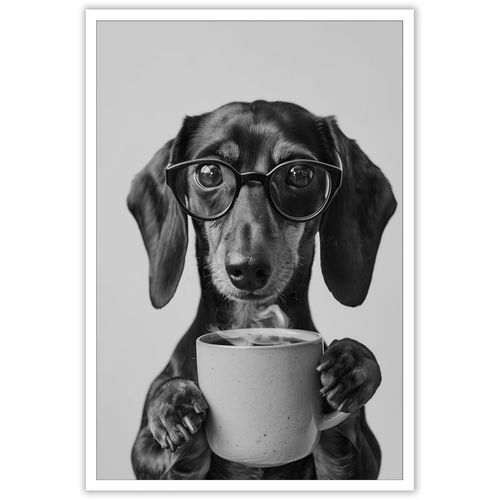 DVBOCS Funny Dachshund Drinking Coffee Wall Art Trendy Black And White Hilarious Animals Canvas Posters Funny Dog Aesthetic Coffee Lover Print For Bathroom Restroom Wall Decor 12x16in Unframed