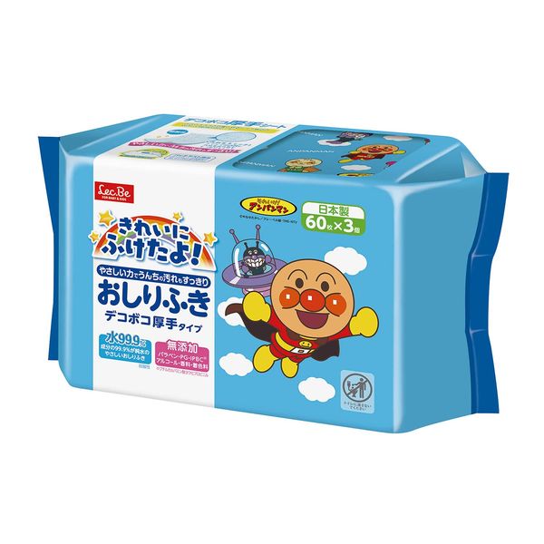 Pure Water Baby Care Anpanman 99.9% Pure Water Wipes Uneven Thick Sheet Weak Acid Baby Made in Japan 60 Sheets x 3 Pieces (180 Sheets)