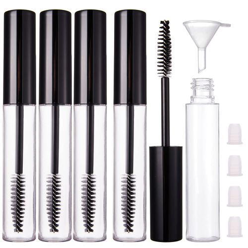 YITOU 4 Pack 10ml Empty Mascara Tube with Brush Wand, Refillable Eyelash Cream Container DIY Cosmetics Bottle for Castor Oil/Eyebrow Growth Serum/Coconut Oil, 4 Rubber Inserts, 1 Funnel, Black