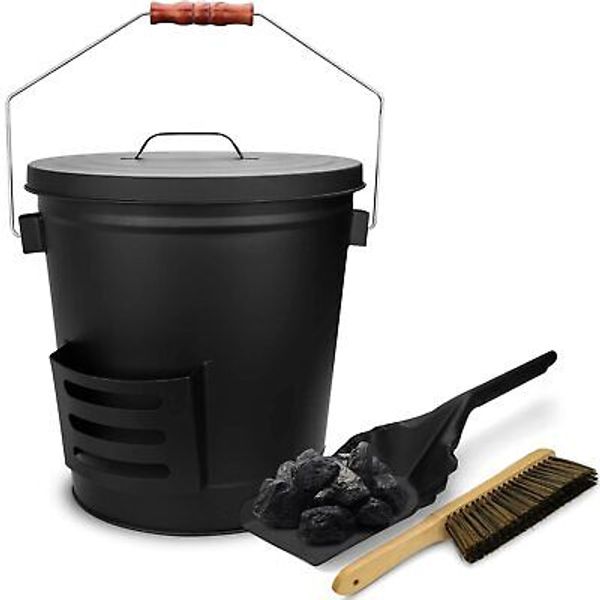 Ash Bucket with Lid, Shovel and Hand Broom, 5.2 Gallon Coal Bucket for Firepl...