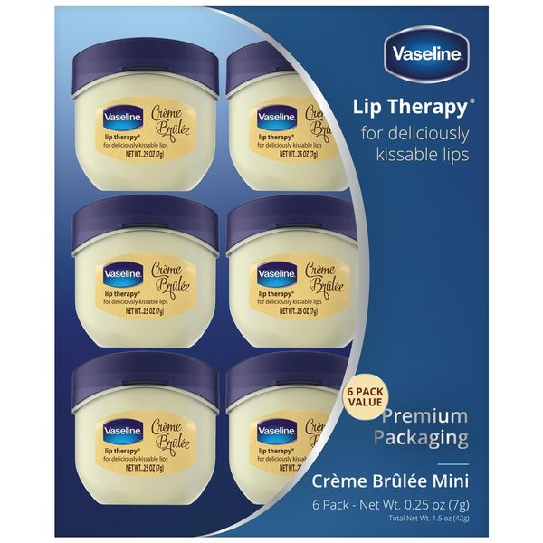 Vaseline Lip Therapy Creme Brulee Mini, White Petrolatum, Advanced Moisturizer, Relieves Dull and Dry Skin, Mini Vaseline Petroleum Jelly, Soft & Smooth Vaseline Lips (Pack of 6-0.25 Oz Ea) 