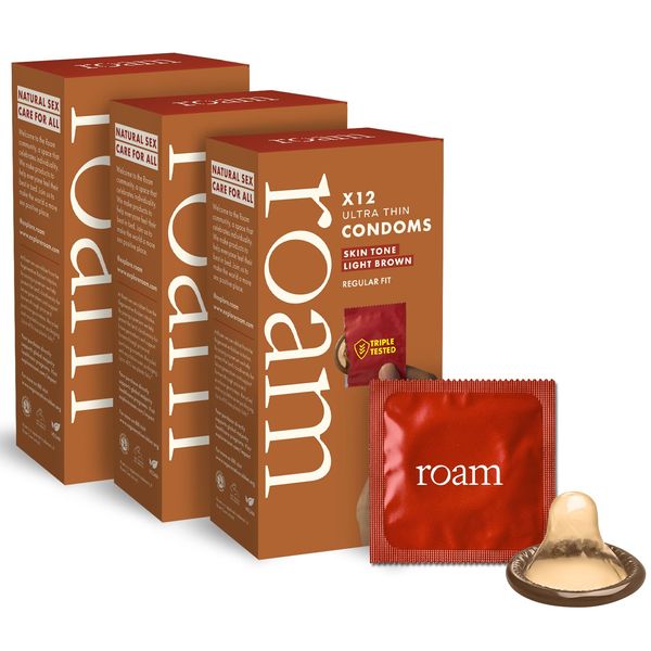 Roam Ultra Thin Condoms, 36(12x3pk) Light Brown Condoms Original Latex Regular Fit Condom for Safer Sex and Contraception, 100% Vegan and Generously Lubricated for Skin Feel Experience