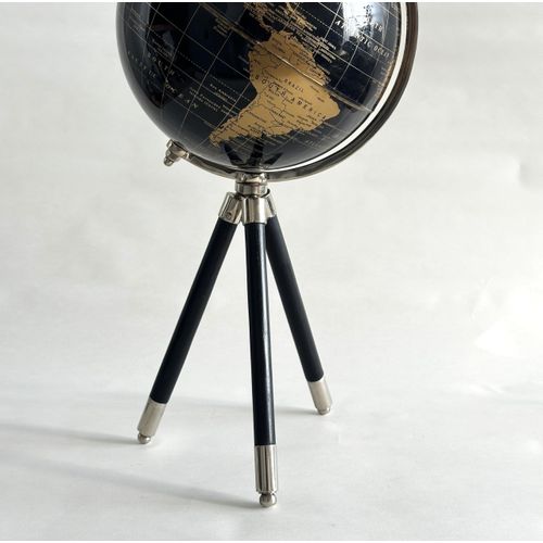 Decorative World Globe on Tripod Stand – 17" Black and Gold Globe with Aluminum & Wood Base – Compact Desktop, Table & Shelf Accent for Home, Office, or Study