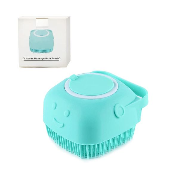 Dog Bath Brush, Soft Silicone Pet Shampoo Massage Dispenser Grooming Shower Brush - With Care Supplies Package Box to Put Shampoo (Blue)