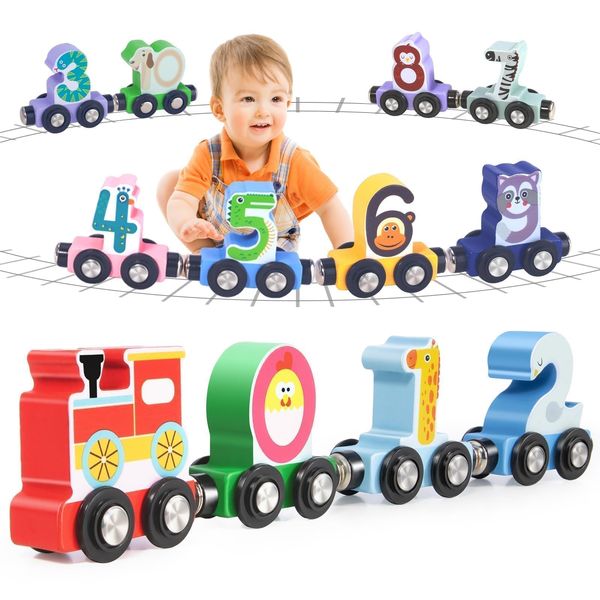 Lauon Toys for Toddlers, 12pc Wooden Magnetic Train Track Set with Animal and Digital Designs, Montessori Educational Toy for 2 3 4 5 Year Olds Boys and Girls Christmas Birthday Gift