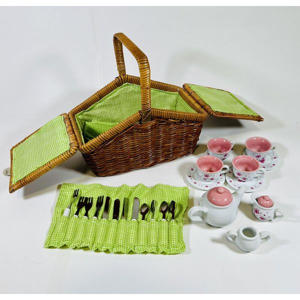 Schylling 30 Piece Mini Porcelain Butterfly Wicker Picnic Basket Tea Set Green