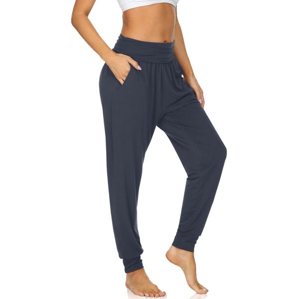 UEU Women's Comfy Yoga Joggers Pants High Waisted Loose Fitting Workout Grey Ladies Fitness Sweatpants Lounge Harem Pants with Pockets(Darkgray,L)