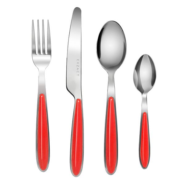 EXZACT Cutlery Set of 16, Stainless Steel with Color Handles - 4 Forks, 4 Dinner Knives, 4 Dinner Spoons, 4 Teaspoons - EX07 (Red x 16)