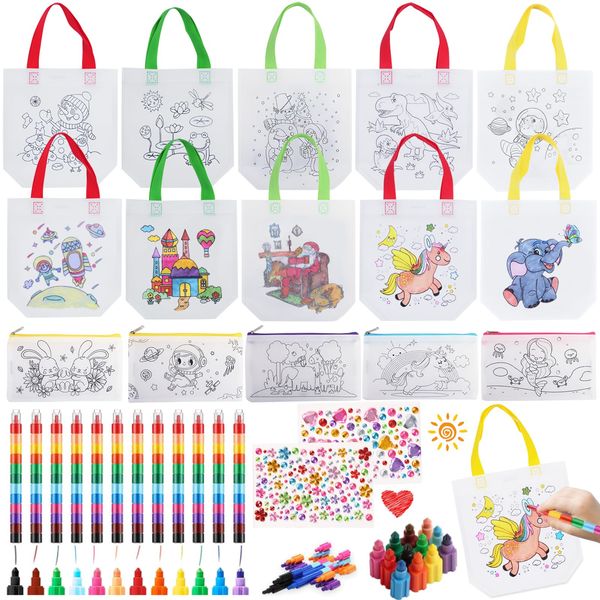 DIY Kinder Stoffbeutel Set, DIY Stoffbeutel zum Bemalen, 10 Stück Taschen zum Bemalen für Kinder und 10 Stück Stapelbare Wachsmalstifte, Perfekt für Kindergeburtstag Gastgeschenke,Bastelset Kindergebu