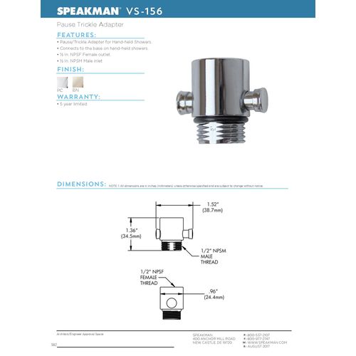 Speakman VS-156-BN Pause & Trickle Adapter for Handheld Shower Head