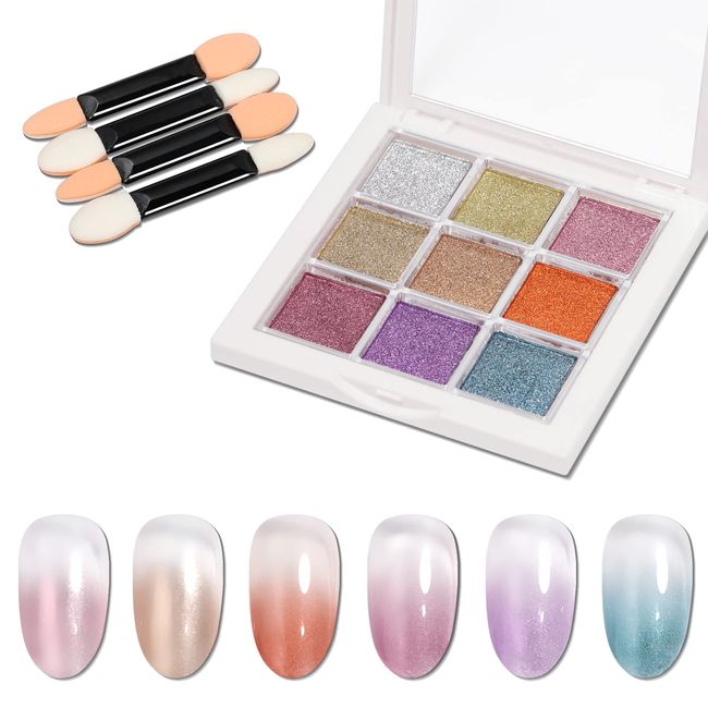 Coikaze Gradation Nail Powder, 9 Colors, Palette, Nail Powder, Nail Color Powder, Mirror Nail Powder, Metallic Nails, Nail Art, DIY Nails, Nail Supplies, Gel Nails, Gradient Color, 4 Sponge Tips Included (F Palette)