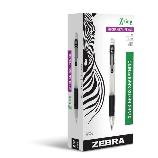 Zebra Z-Grip Mechanical Pencil, 0.7mm Point Size, HB #2 Graphite, Black Grip, 12 Pack