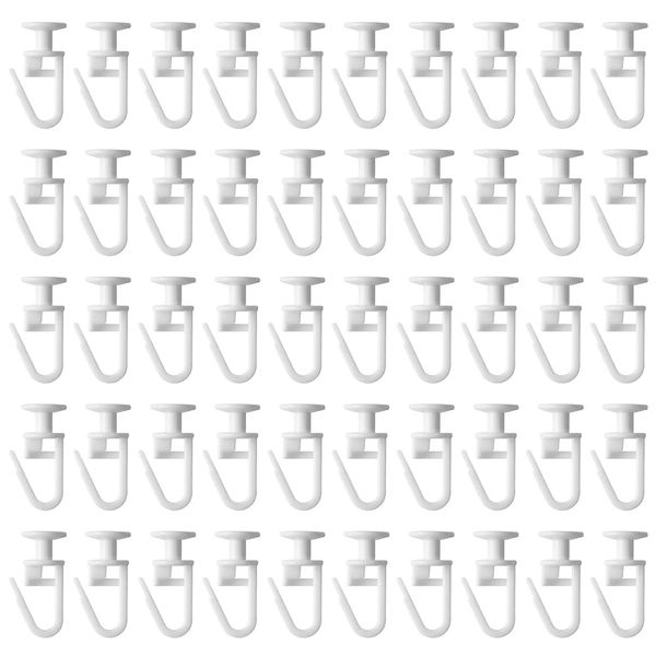 Plastic White Curtain Hooks - 50 Pcs Track Gliders for Caravan, Ceiling & Shower Curtains