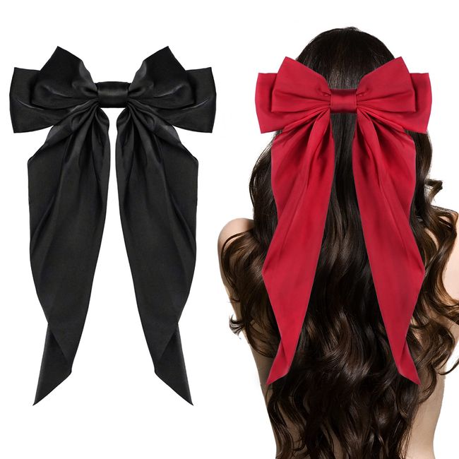 Big Bow Hair Clips 2pcs, Bow Hair Barrette with Satin Silky, Long Tail French Bow Clips for Girl Women, Bow Hair Dress Up Accessories for Birthday, Party, Show, Christmas, Thanksgiving.(7.5in,