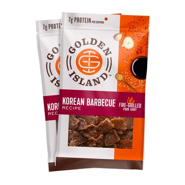 Golden Island Pork Jerky Korean BBQ Flavored, Specialty Meat Snack, Gluten Free with Korean Barbecue Seasoning, Bite Sized Sweet and Savory Protein Snack, 7g of Protein Per Serving, 9 Oz (2 Pack)