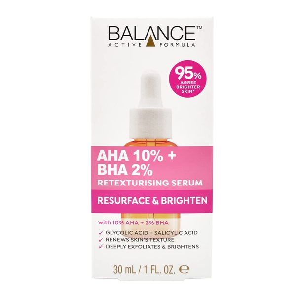 Balance Active Formula Resurface & Brighten AHA 10% + BHA 2% Retexturising Serum (30ml) - With Glycolic Acid & Salicylic Acid. Renews Skin's Texture. Deeply Exfoliates & Brightens.