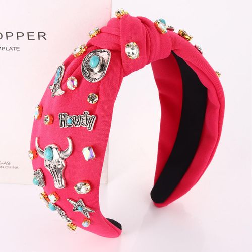 YAHPERN Crystal Knotted Headbands for Women, Rhinestone Jeweled Headbands Western Cowboy Boot Embellished Hairbands Vintage Cowgirl Rodeo Outfit Accessories (Rose Red 2)