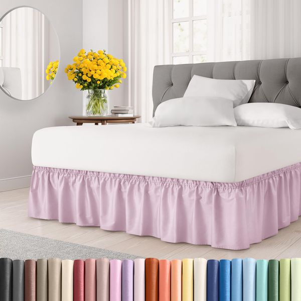 Wrap Around Dust Ruffle Bed Skirt - Light Pink - for Full Size Beds with 12 in. Drop - Easy Fit Elastic Strap - Pleated Bedskirt with Brushed Fabric - Wrinkle Free, Machine Wash - by CGK Linens