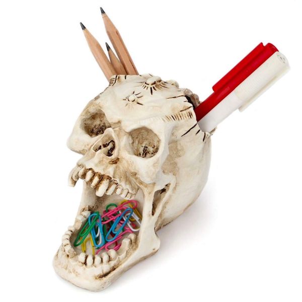 Queen-b Skull Pen Stand, Pen Stand, Desk Organizer, Stand, Interior Accessories, Skull, Skull, Skull, Skull, Skull, Skull, Skull, Realistic, Stylish Goods, Figurine, Object (White)