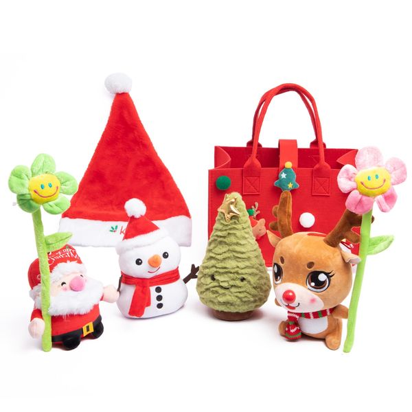 8 Pcs Christmas Plush Toy Set with Carrier Purse Bag -Snowman Santa Elk Christmas Tree Stuffed Animal Dolls Gifts for Kids,Two Plushie Flower and One Santa Hats for Complete Playset