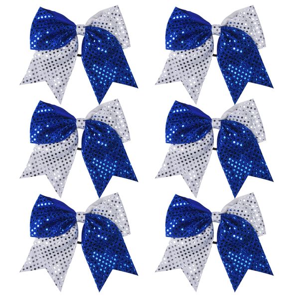 8 Inch 2 Color Cheer Bows Cheerleader Ponytail Holder with Bling Fling Sequin Hair Tie Cheerleading Bows 6 Pcs (Royal Blue/Silver)