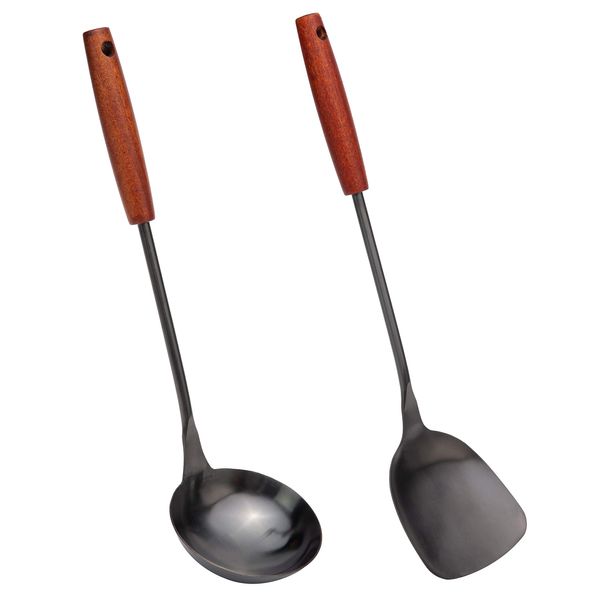 Wok Spatula and Ladle Set 14.2-15 Inch Wok Cookware Stainless Steel Wok Spatula