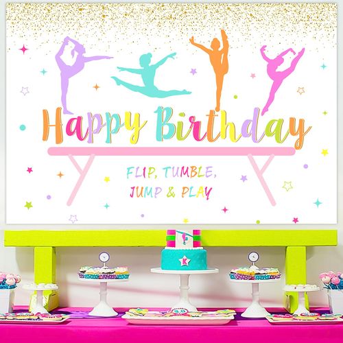 Wonmelody Gymnastics Birthday Party Decorations 5 * 3ft Gymnastics Happy Birthday Backdrop for Girl Flip Tumble Jump and Play Backdrop Decorations for Rainbow Gym Theme 1st 2nd 8th Party