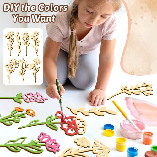 7 PCS Large Wooden Wildflowers Signs Decals DIY Colorable Wood Flowers Sign for Crafts Baby Nursery Stick Peel and Stick Boho Flower Art Cutout for Girls Bedroom Floral Sticker Gift for Kids Playroom