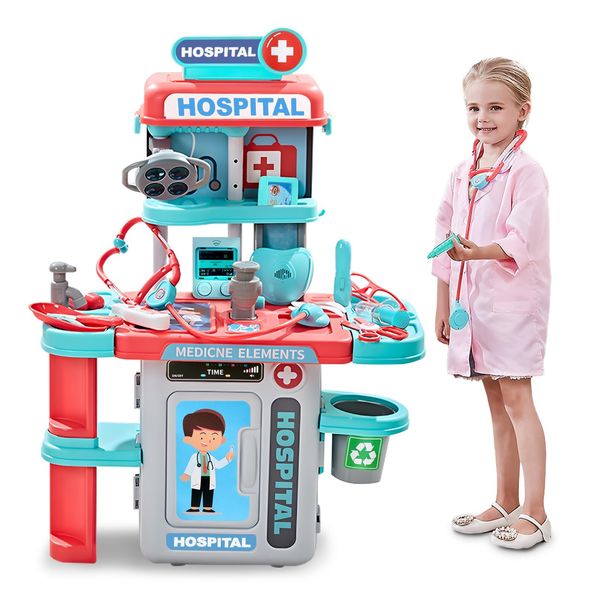 Doctor Kit for Kids 3-5, Toddler Doctor Play Set with Rolling Cart, Costume, and Stethoscope, Role Play Kids Doctors Play Set (Pink)