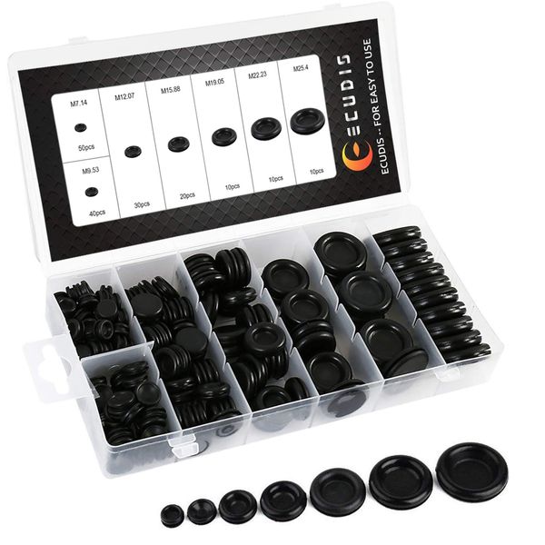 ECUDIS Cable Grommets, Grommets, Rubber Bushing, Wire Protection, Double Sided Protection, Cable Protection, Grommet Set, Rubber Bush, Wire Grommets, Wire Rings, 7 Sizes 170 Pieces, Storage Case, Black