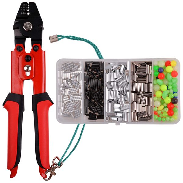 Wire Rope Crimping Tool Kit Fishing Crimping Pliers Swager Crimpers with 500pcs Crimp Sleeves Ferrule Kit Double Barrel Set Fishing Beads