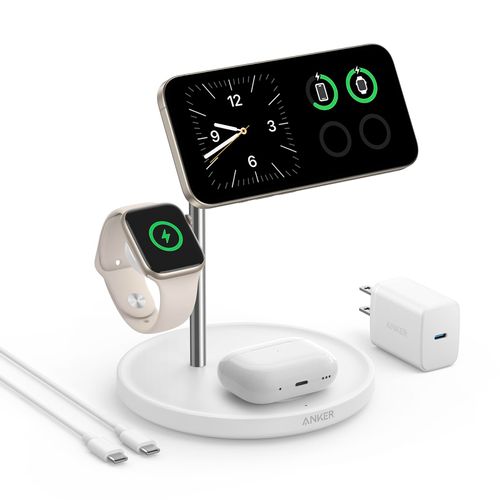 Anker MagSafe Charger Stand, iPhone 16 Wireless Charging Station, MagGo 3 in 1 Charging Station, Qi2 Certified 15W Wireless Charger, Desk Accessory, for iPhone 16/15/14/13/12, Apple Watch, AirPods
