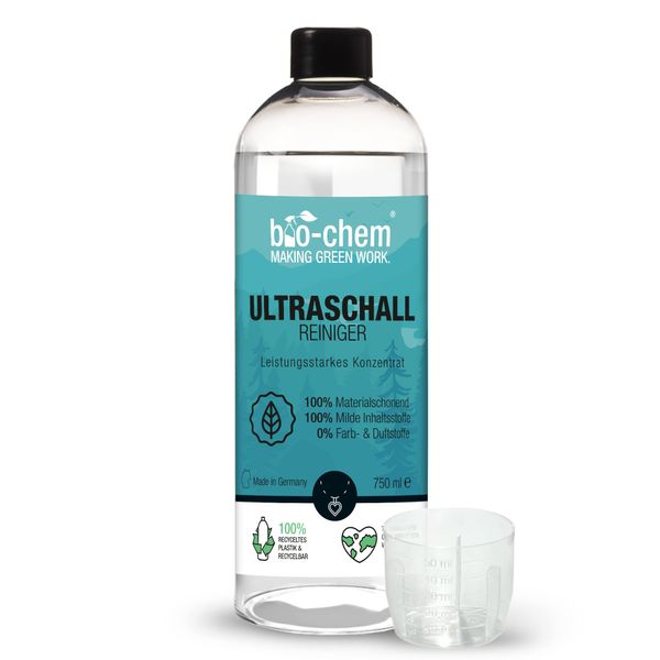 bio-chem Bio Ultraschallreiniger Konzentrat 750 ml inkl. Dosierbecher, geruchsfrei, alkoholfrei, Reinigungszusatz für Ultraschallgeräte/Ultrasonic-Cleaner für Brillen, Schmuck u.v.m.