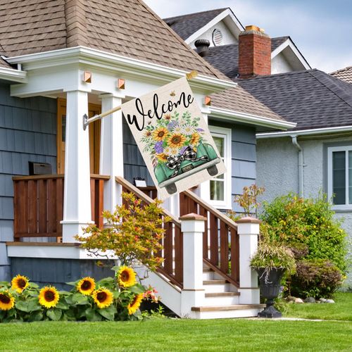 FUYUCHEN Welcome Summer House Flag 28x40 Inch Double Sided Outside Sunflowers Floral Eucalyptus Truck Large Burlap Flag Yard Outdoor Holiday Seasonal Decoration