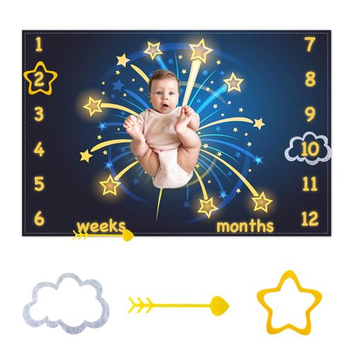 CSFOTO Fireworks Theme Baby Monthly Milestone Blanket Blue and Gold Fireworks Stars Photography Background for Baby Newborn Record Prop 60"x40" with Frames