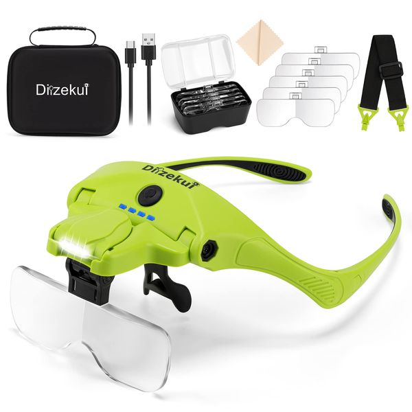 Dilzekui Magnifying Glasses with Light for Close Work, 1X to 3.5X Rechargeable Headband Magnifier Visor with Carry Case, Headband, 5 Lenses, Hands Free Head Mount Magnifier for Hobby Crafts Reading