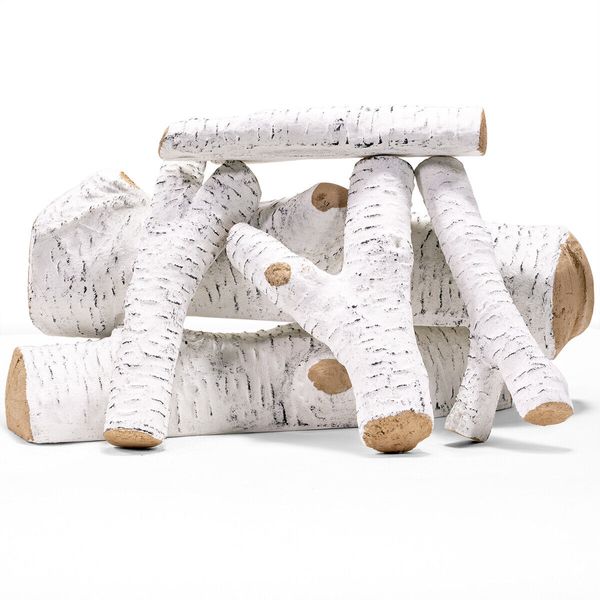 6 Pieces Fireplace Ceramic Log Set Birch Wood Style Heat Resistant Stackable Log