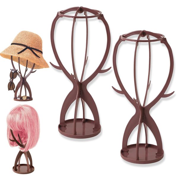 Como Life Wig Stand, Hat Stand, Set of 2, Comes with Base Included, Wobble Resistant, Assembly, Hat Hanging, Wig Stand, Wig, Wig, Stand, Prevents Shape Shape, Brown, Small, Includes Hooks, Small Items, Breathable, Storage, Compact, Care, Simple, Cosplay, 