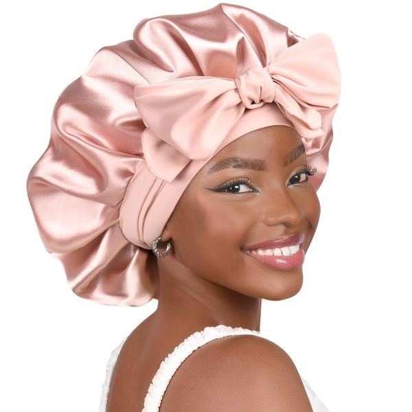 YANIBEST Satin Bonnet Silk Bonnet for Sleeping Double Layer Satin Lined Hair Bonnet with Tie Band Bonnets for Women Curly Hair Blush Pink