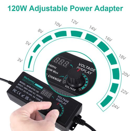 Wefomey Universal Power Supply 3V~24V 5A 120W Adjustable Variable AC/DC Adapter Charger, 100V-240V AC to DC Converter with LED Voltage Display & 14 Tips & Polarity Converter
