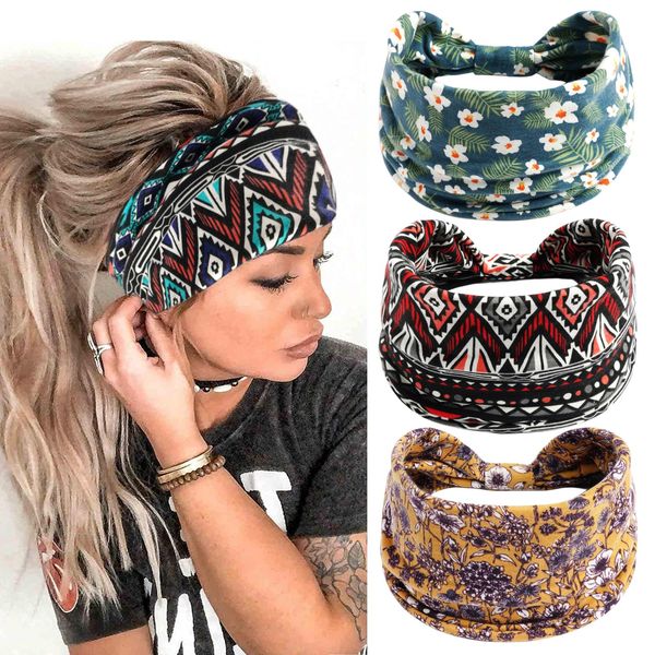 scicent Bandanas for Women 3 Pieces Headbands Wide Hairband Boho Fashion Knotted Head Bands Multicolor Print HairAccessories Hair Bands for Girls - 4331