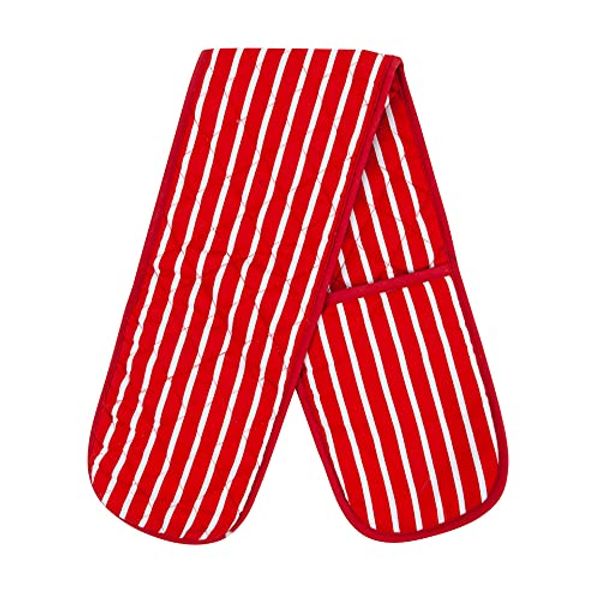 Heat Resistant Cotton Double Oven Traditional Still Modern Stripe Quilted Gloves Pot Holder For Home Kitchen Baking (Red)