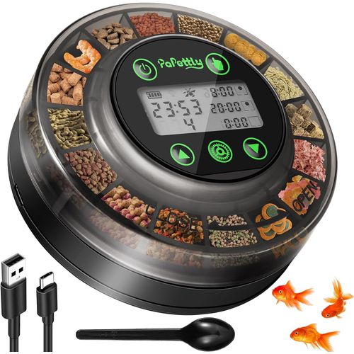 Papettly Futterautomat Aquarium, Automatischer Fischfutterautomat für Aquarium mit Timer, Futterautomat, Wiederaufladbare Fische Fischfutterspender mit USB-Kabel LCD-Anzeige Fisch Futterautomaten