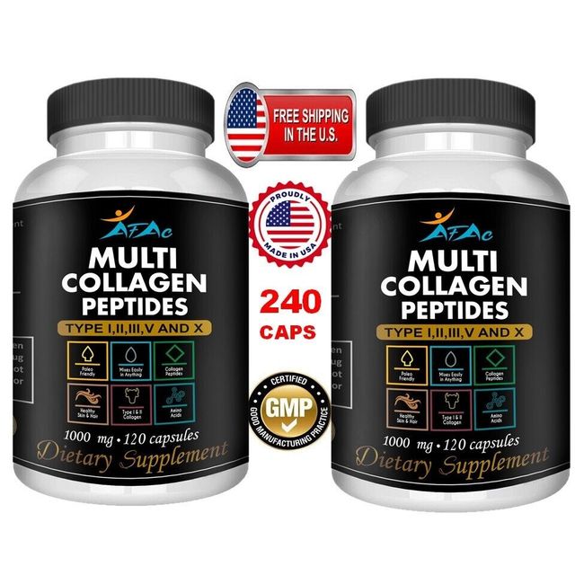 Collagen Peptides pills 1000 mg Hydrolyzed Collagen i, ii,iii,V,X 240 capsules