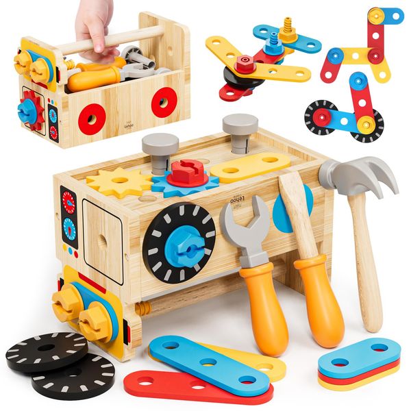 Montessori Kids Tool Set, Wooden Toddler Tool Bench Educational Toys for Ages 2-4, 2 Year Old Boy Gift for Birthday Christmas, STEM Pretend Play Tool Box, Learning Developmental Construction Toys