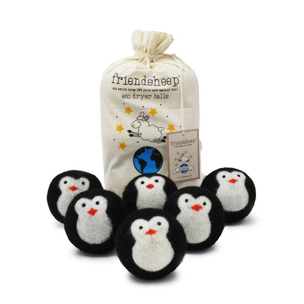 Friendsheep Wool Dryer Balls, Organic Fair Trade Reusable Fabric Softener, Extra Large, 6 Pack, Black Penguin - Cool Friends