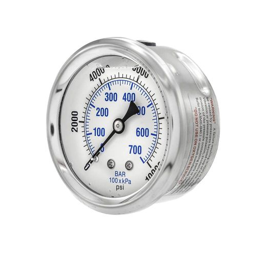 PIC Gauge PRO-202L-254U Glycerin Filled Industrial Center Back Mount Pressure Gauge with Stainless Steel Case, Brass Internals, Plastic Lens, 2-1/2" Dial Size, 1/4" Male NPT, 0/10000 psi